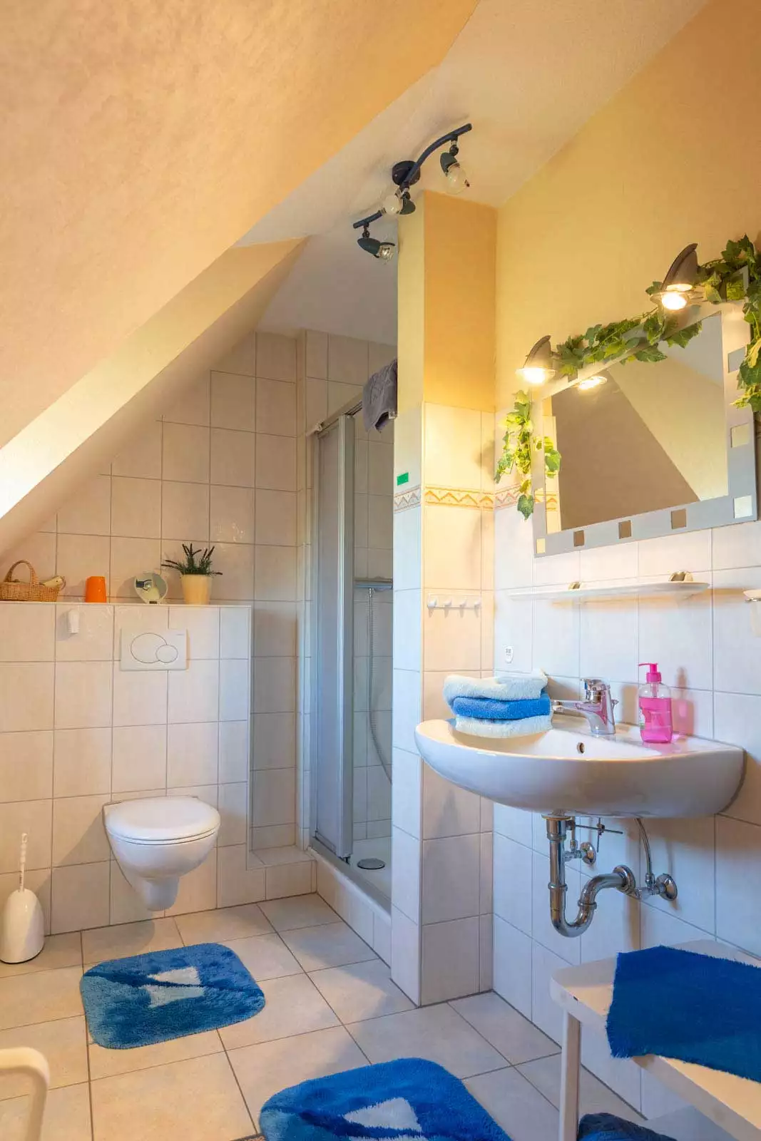 Badezimmer mit Dusche und Waschbecken in der Ferienwohnung Deichgraf