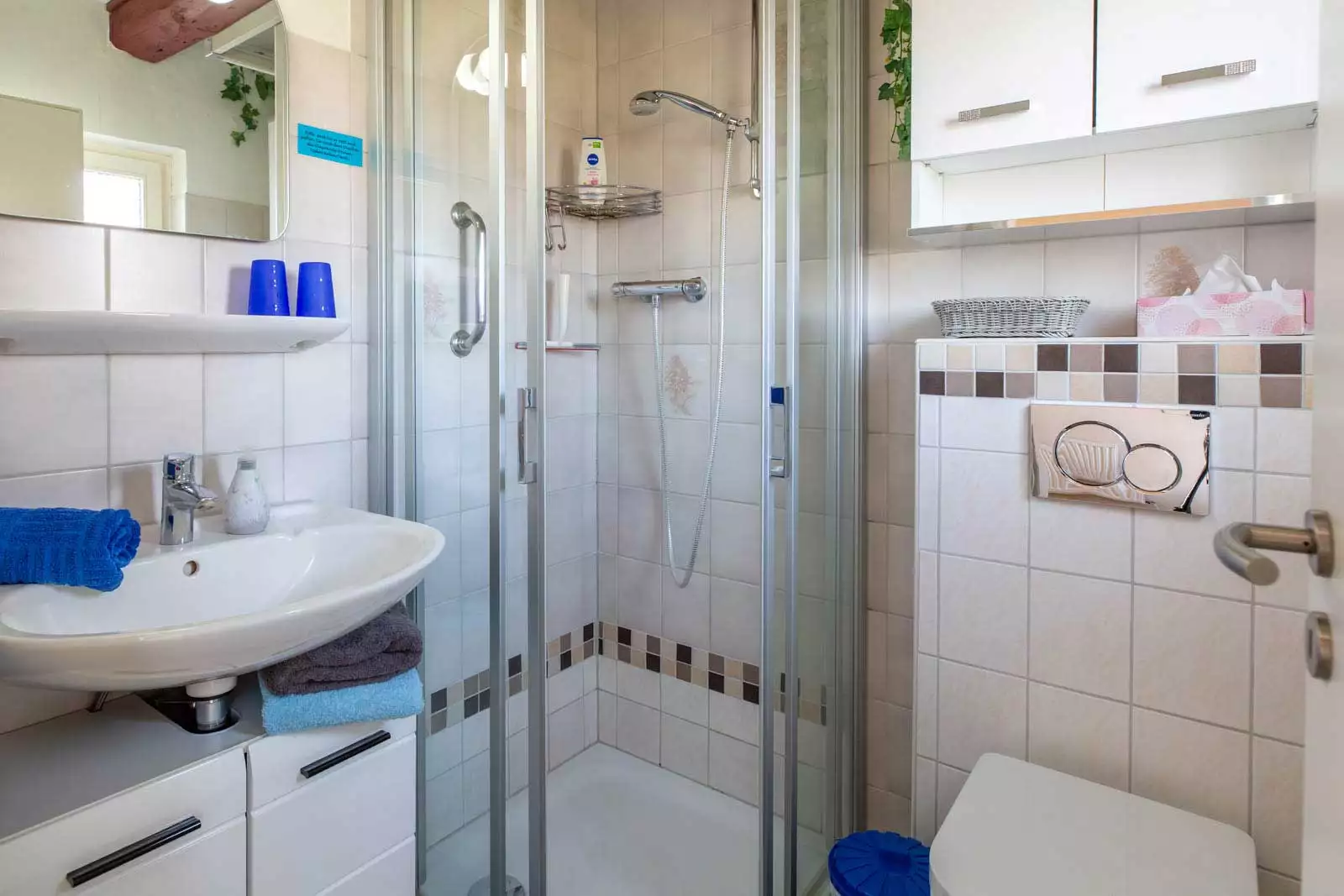 Badezimmer mit Dusche, Waschbecken und WC in der Ferienwohnung Höck Hallig