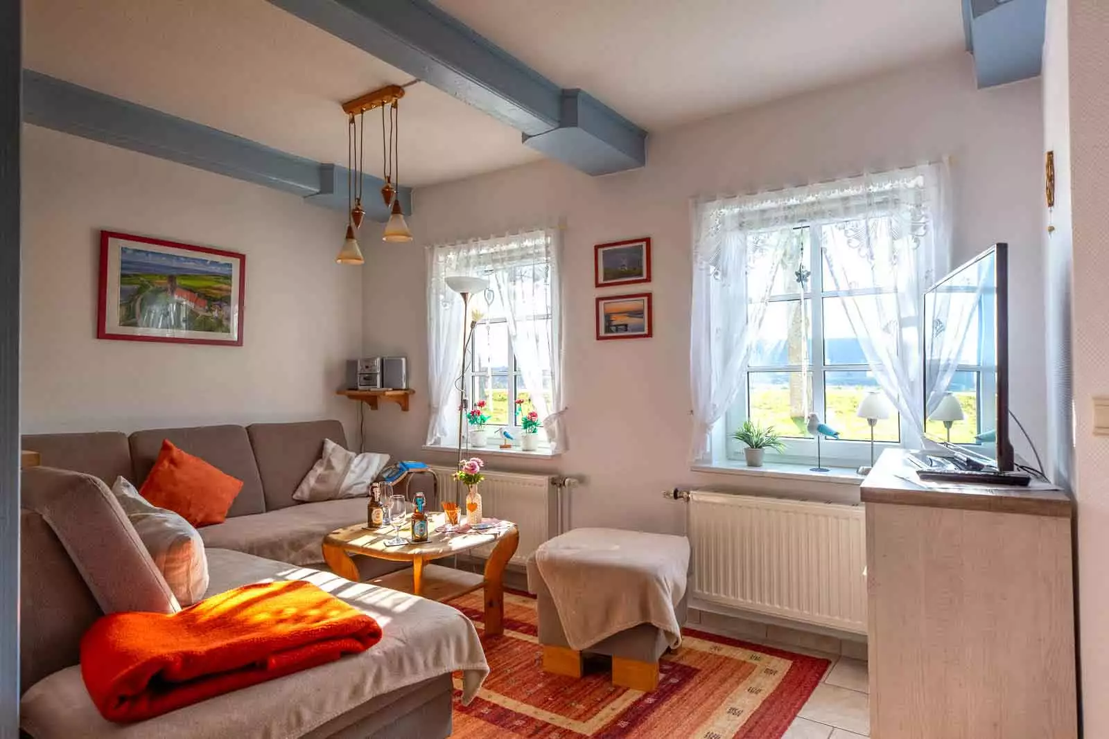 Gemütliche Couchecke mit Fernseher und sonnigen Fenstern im Wohnzimmer der Ferienwohnung Springflot