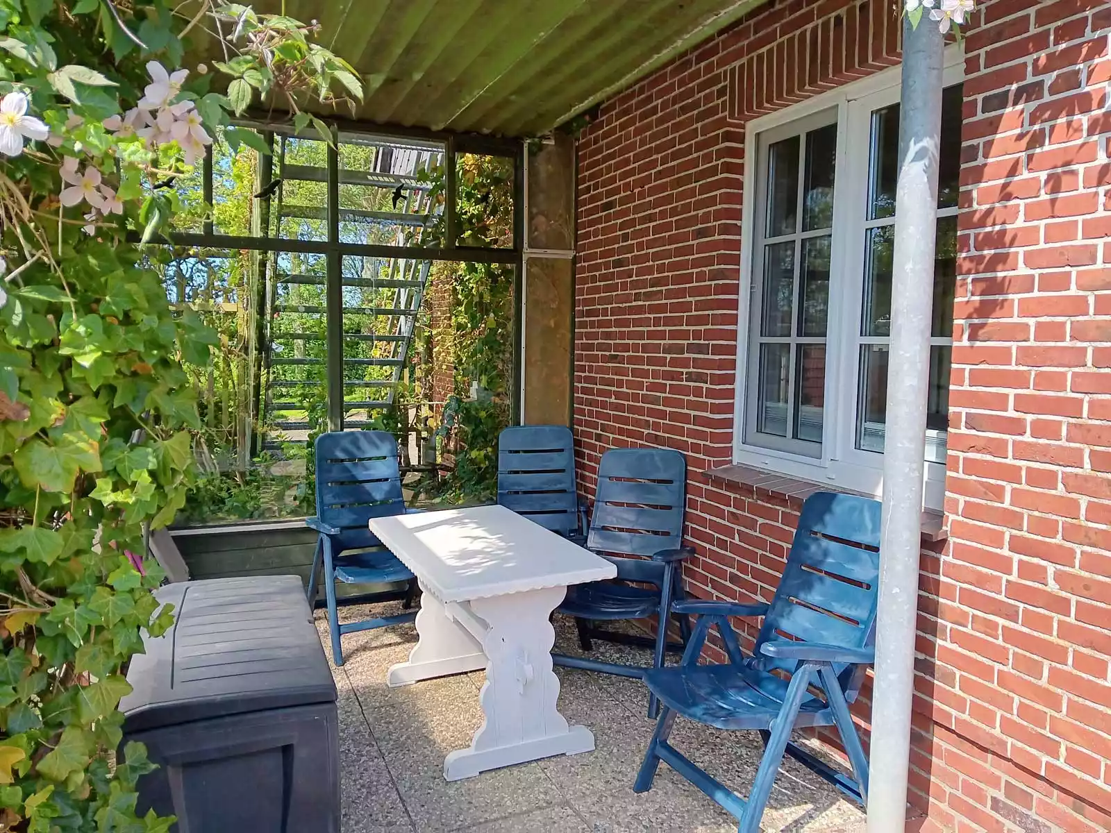Terrasse mit Gartenmöbeln im Grünen, umgeben von blühender Clematis am Haus Hafennähe auf Pellworm