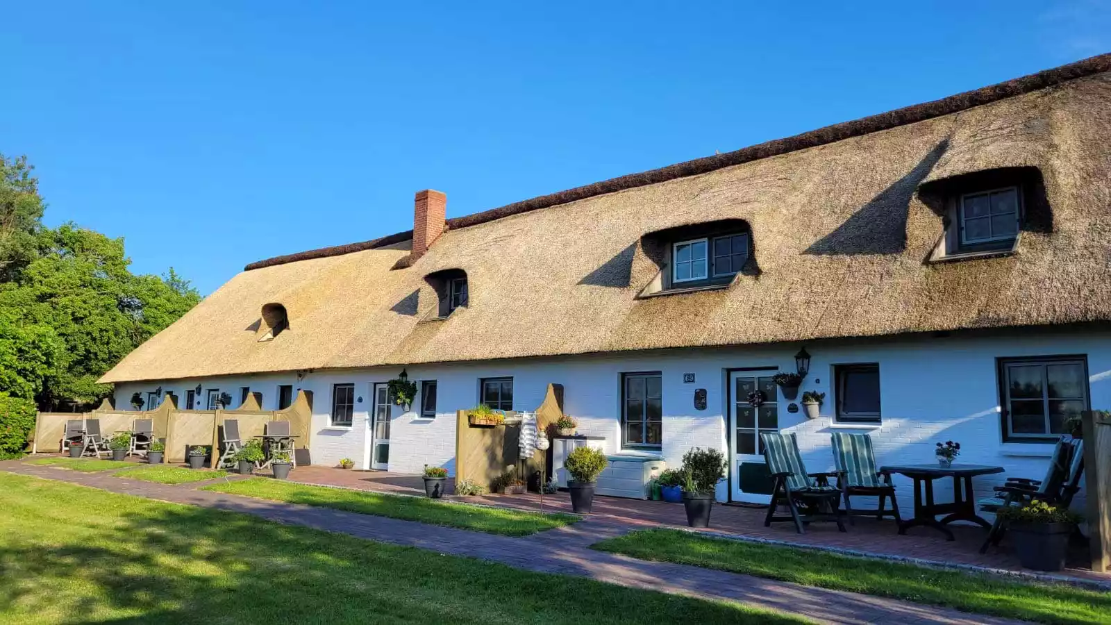 Rückseite des Ferienhauses Dat Möhlenhus mit Terrassen und Garten auf Pellworm